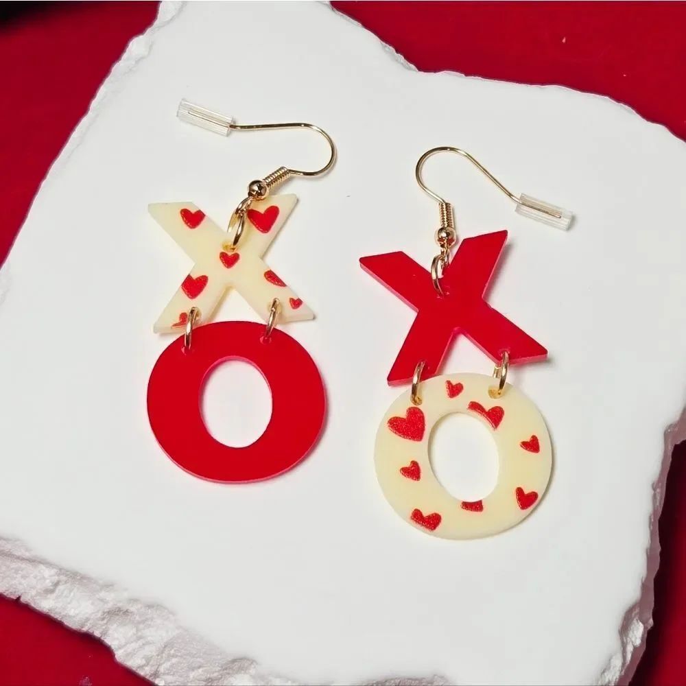 Valentine’s XO Heart Acrylic Dangle Earrings Hug Kiss Red Ivory Playful Jewelry